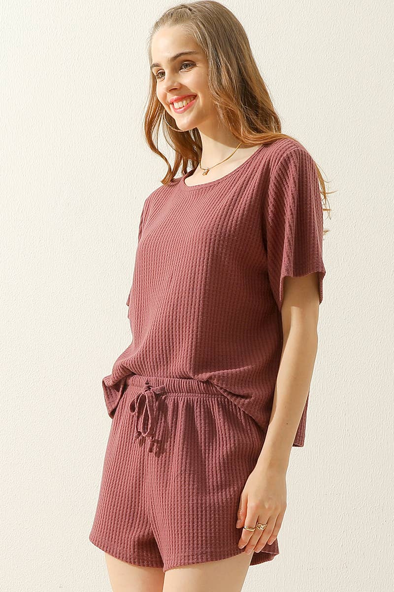 CWSTB274_SOLID WAFFLE KNIT TEE TOP & DRAWSTRING WAIST SHORTS