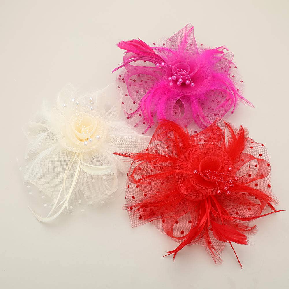 Pearl Stamen Flower Feather Veil Fascinator / Headband