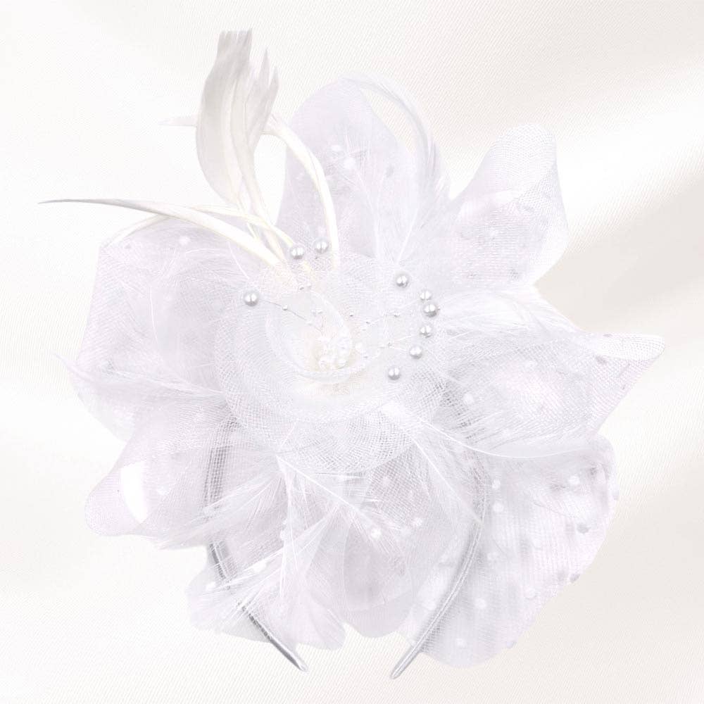 Pearl Stamen Flower Feather Veil Fascinator / Headband