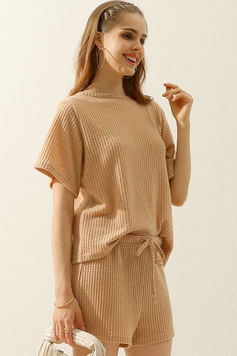 CWSTB274-P_SOLID WAFFLE KNIT TEE TOP & WAIST SHORTS SET