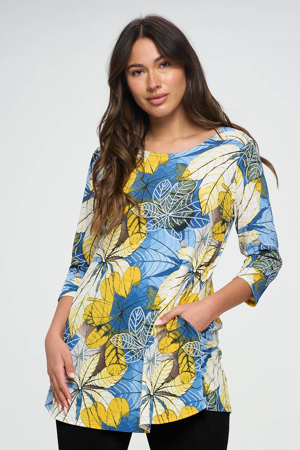 Plus Size Quarter Sleeve Top with Pockets-386HT-QXP1-K-W359