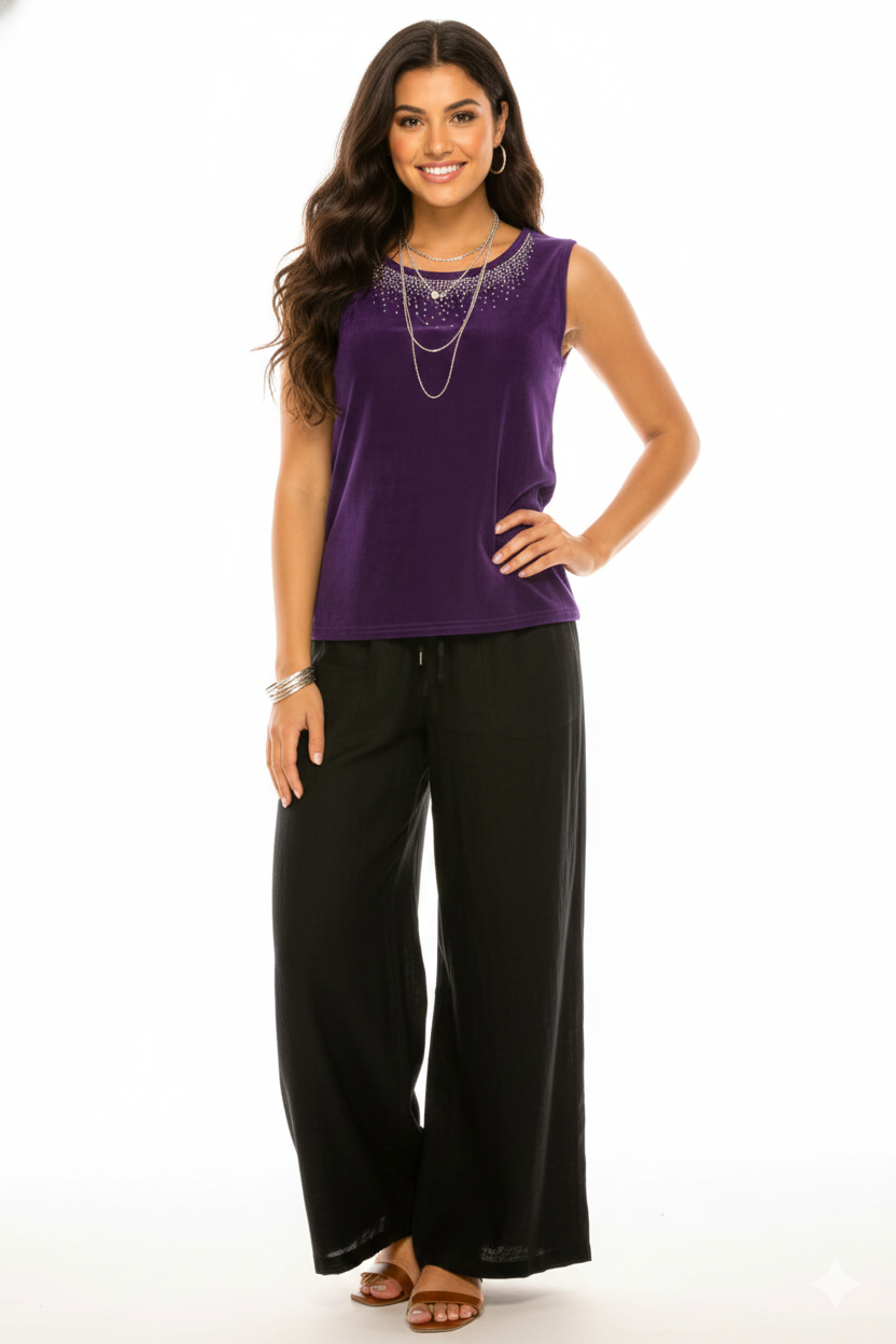 Acetate Tank with Rhinestone Neckline-2010AY-TRS1-R-R074