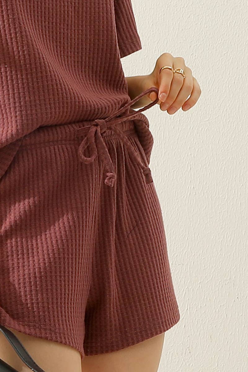 CWSTB274-P_SOLID WAFFLE KNIT TEE TOP & WAIST SHORTS SET