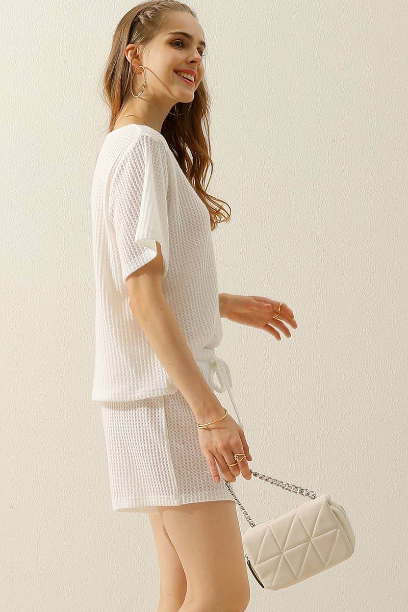 CWSTB274-P_SOLID WAFFLE KNIT TEE TOP & WAIST SHORTS SET