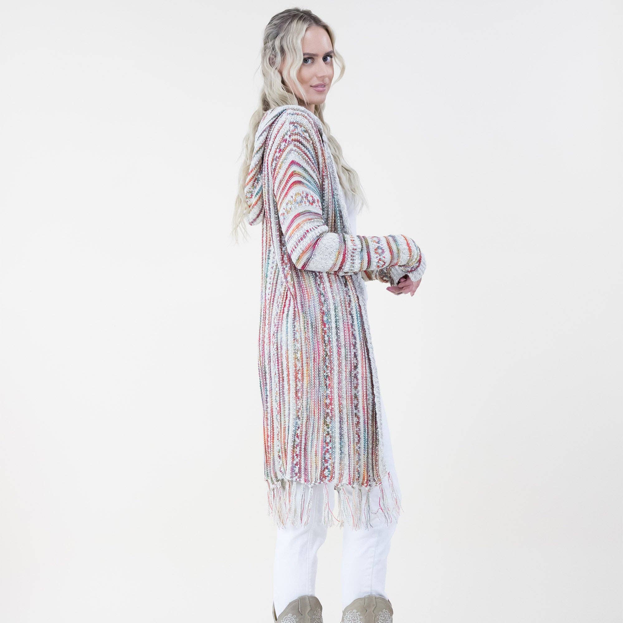 Tribal Stripe Pattern Hoodie Fringed Long Cardigan FP64088 (2PC)