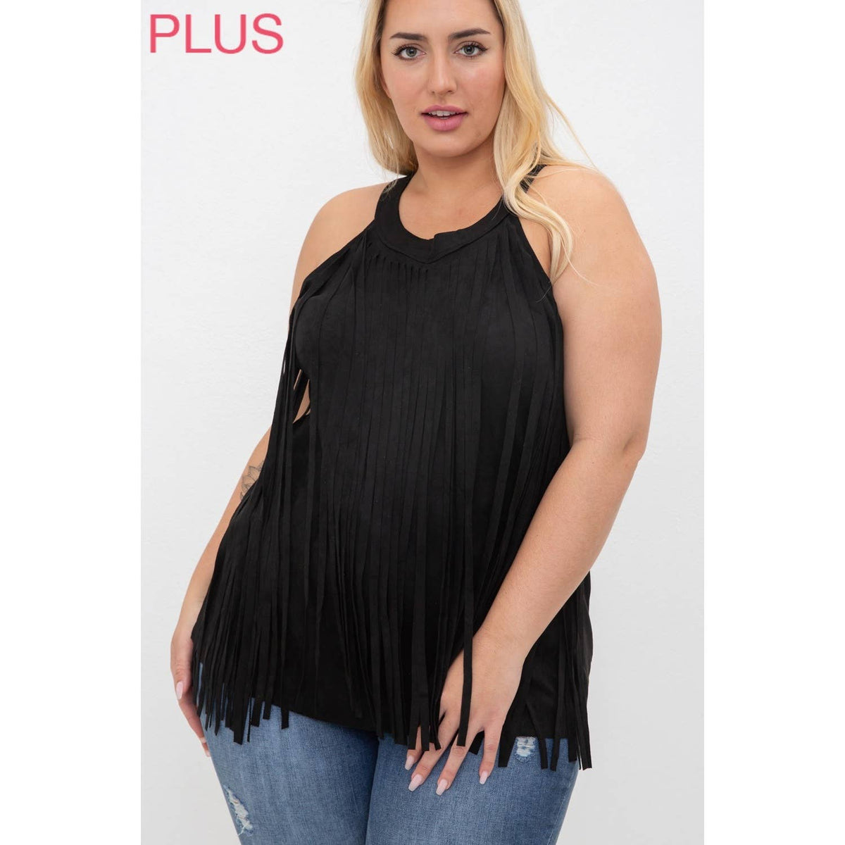 CURVY SLEEVELESS SUEDE FRINGED TOP