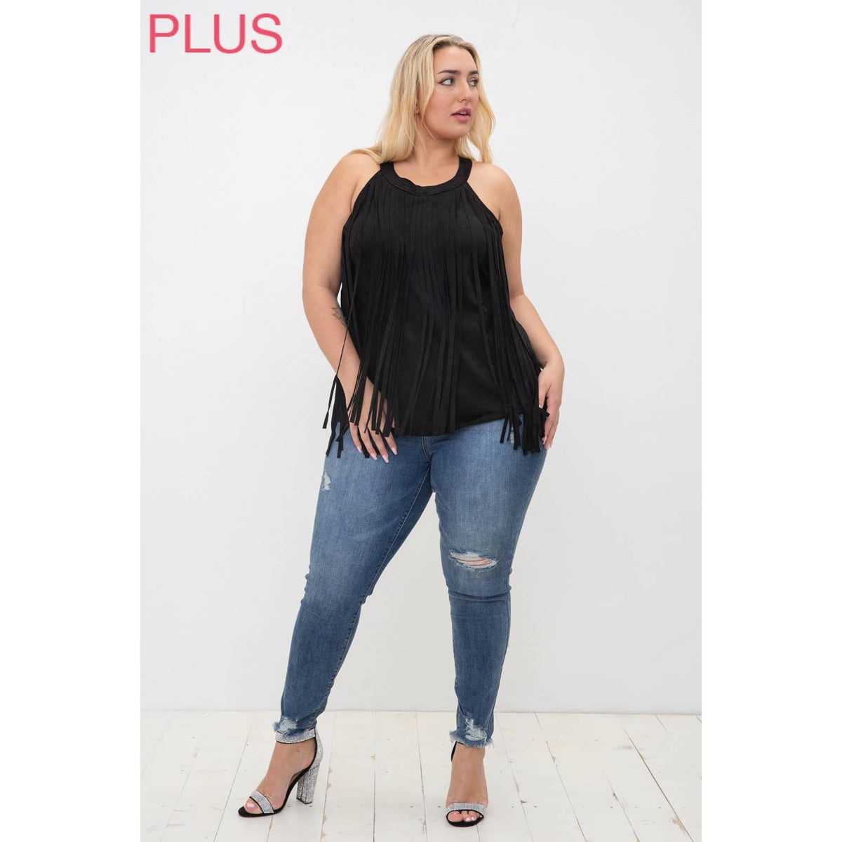 CURVY SLEEVELESS SUEDE FRINGED TOP