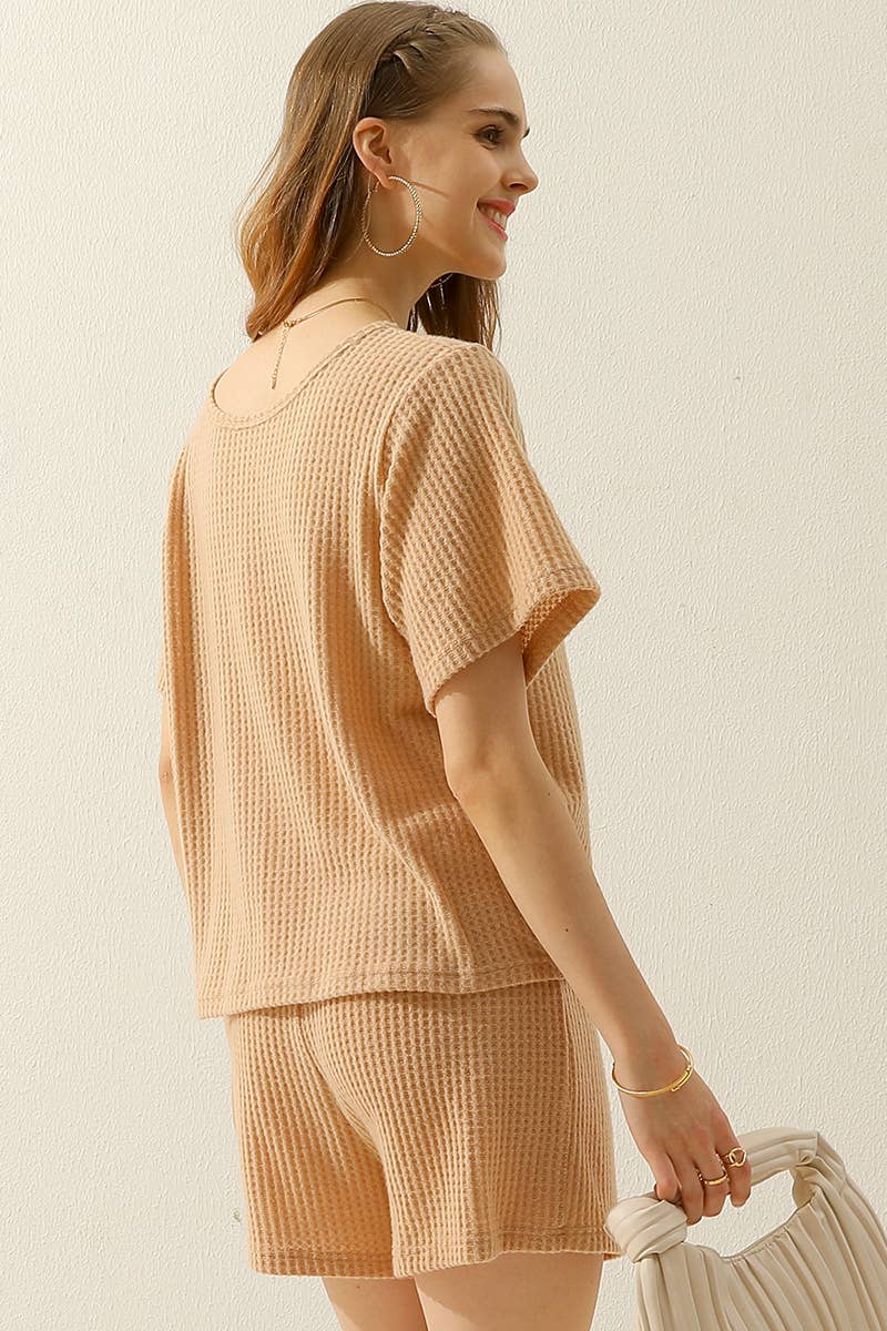 CWSTB274-P_SOLID WAFFLE KNIT TEE TOP & WAIST SHORTS SET