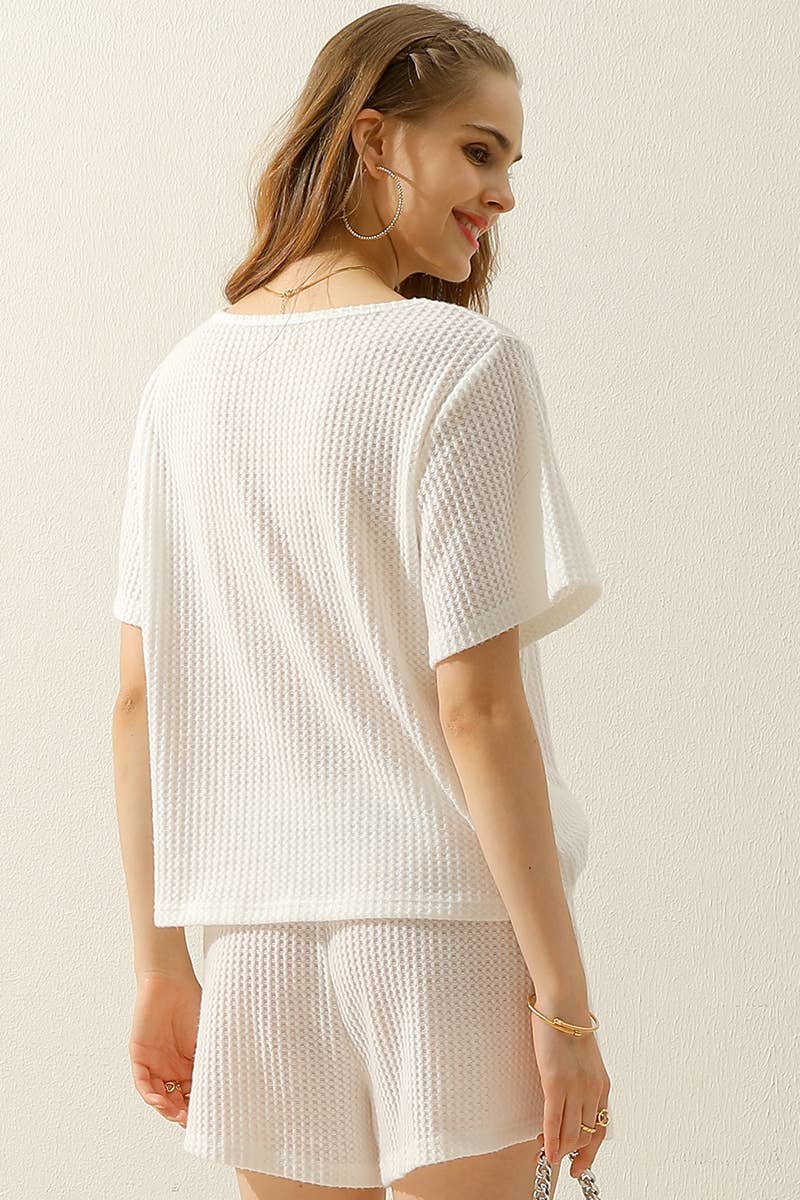 CWSTB274-P_SOLID WAFFLE KNIT TEE TOP & WAIST SHORTS SET