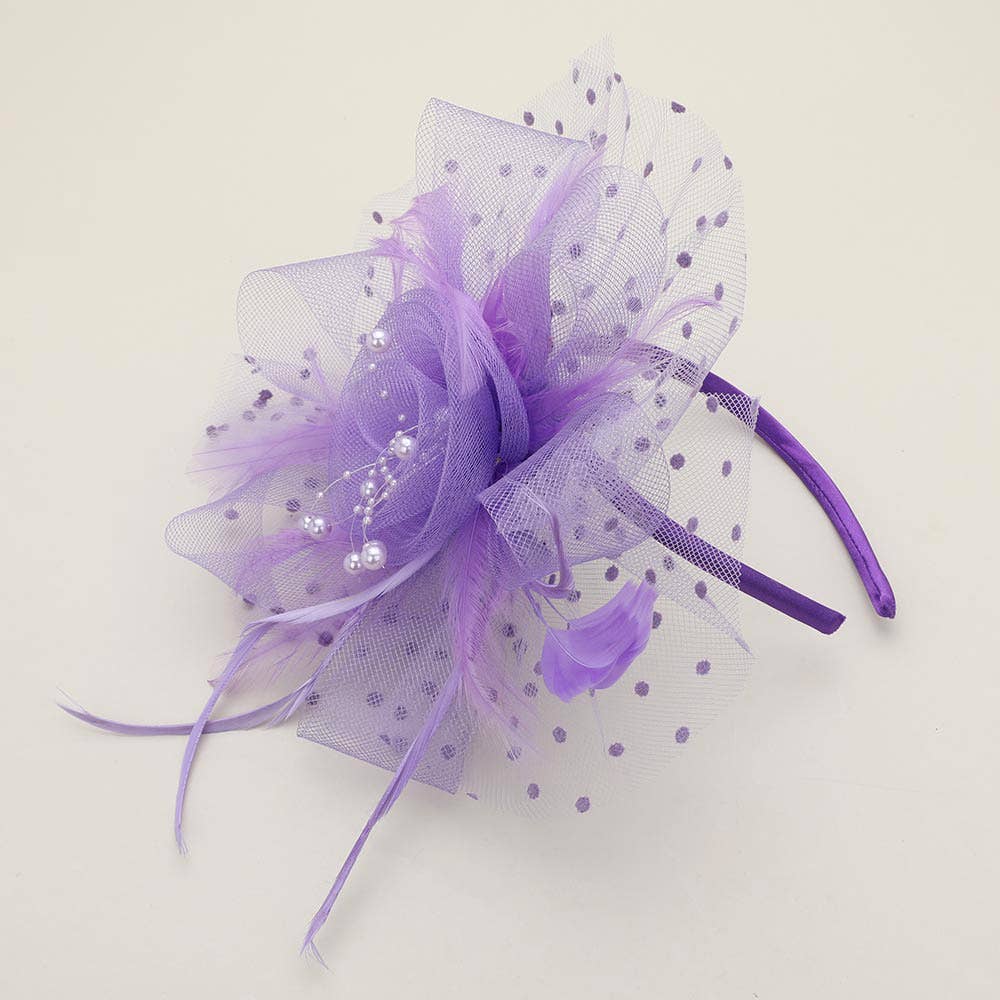 Pearl Stamen Flower Feather Veil Fascinator / Headband