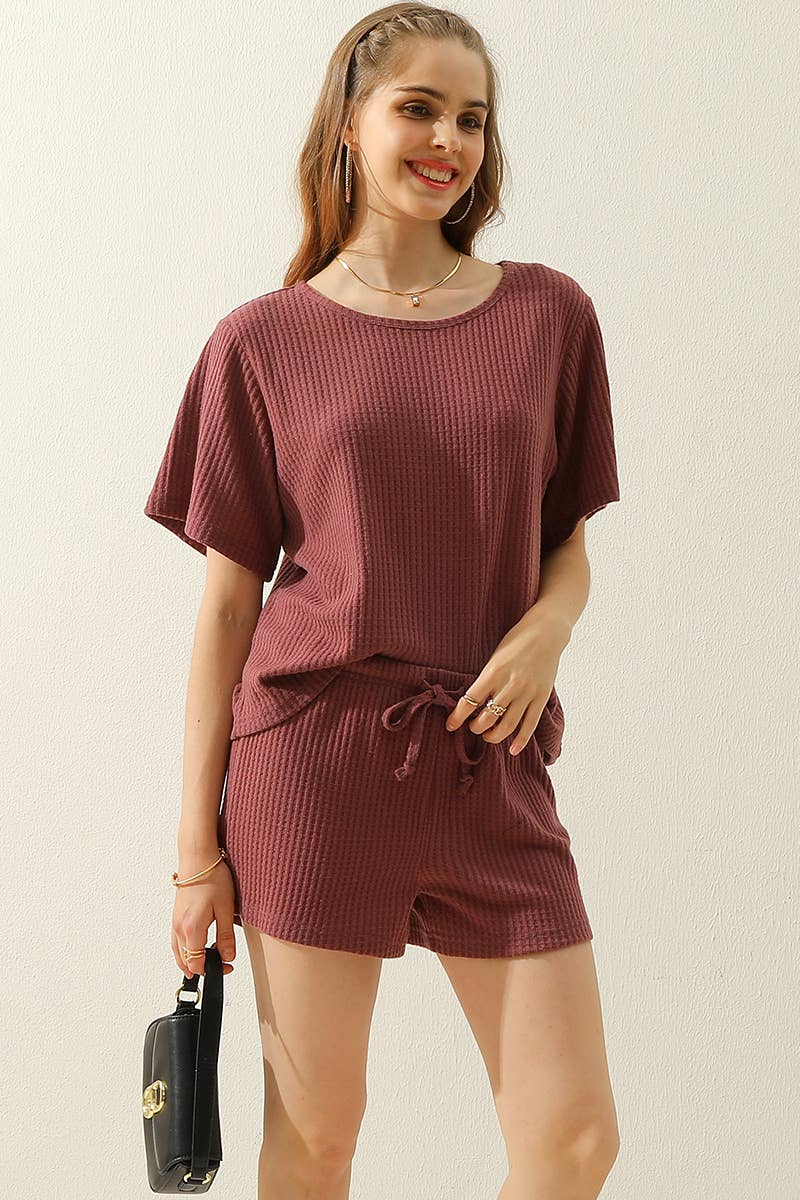CWSTB274-P_SOLID WAFFLE KNIT TEE TOP & WAIST SHORTS SET