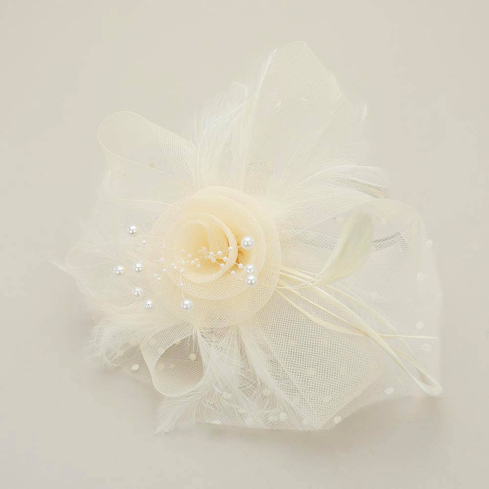 Pearl Stamen Flower Feather Veil Fascinator / Headband