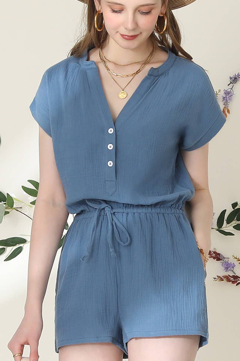CWSJS224_HENLEY NECK SHORT SLEEVE JUMPSUIT ROMPER