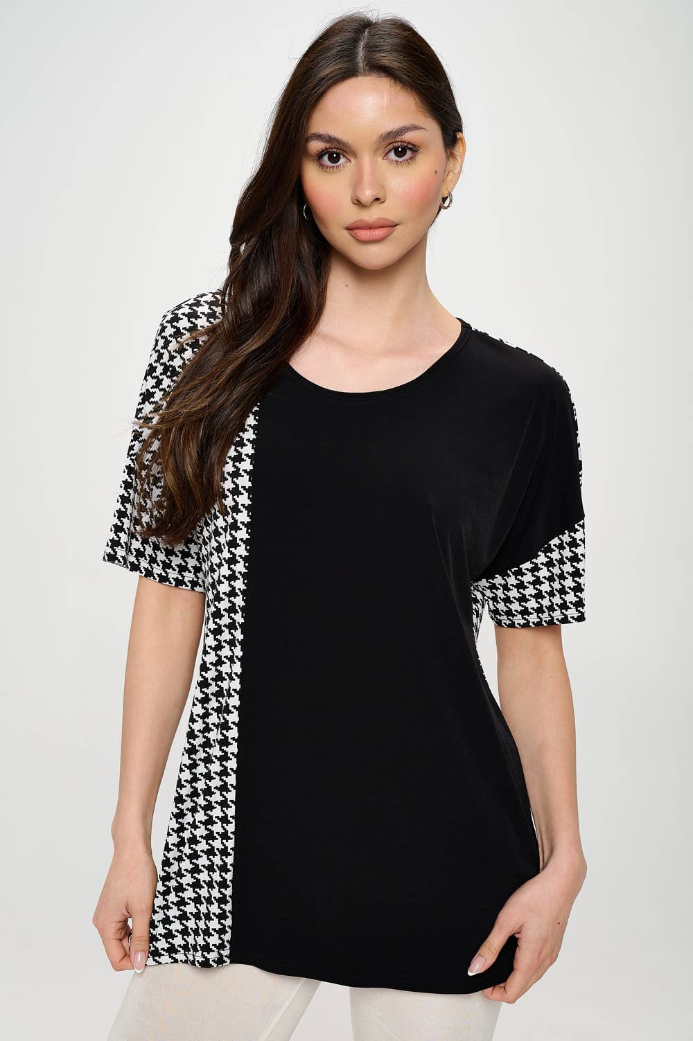 Houndstooth Contrast Print Top-3096HT-HRP1-C-W410