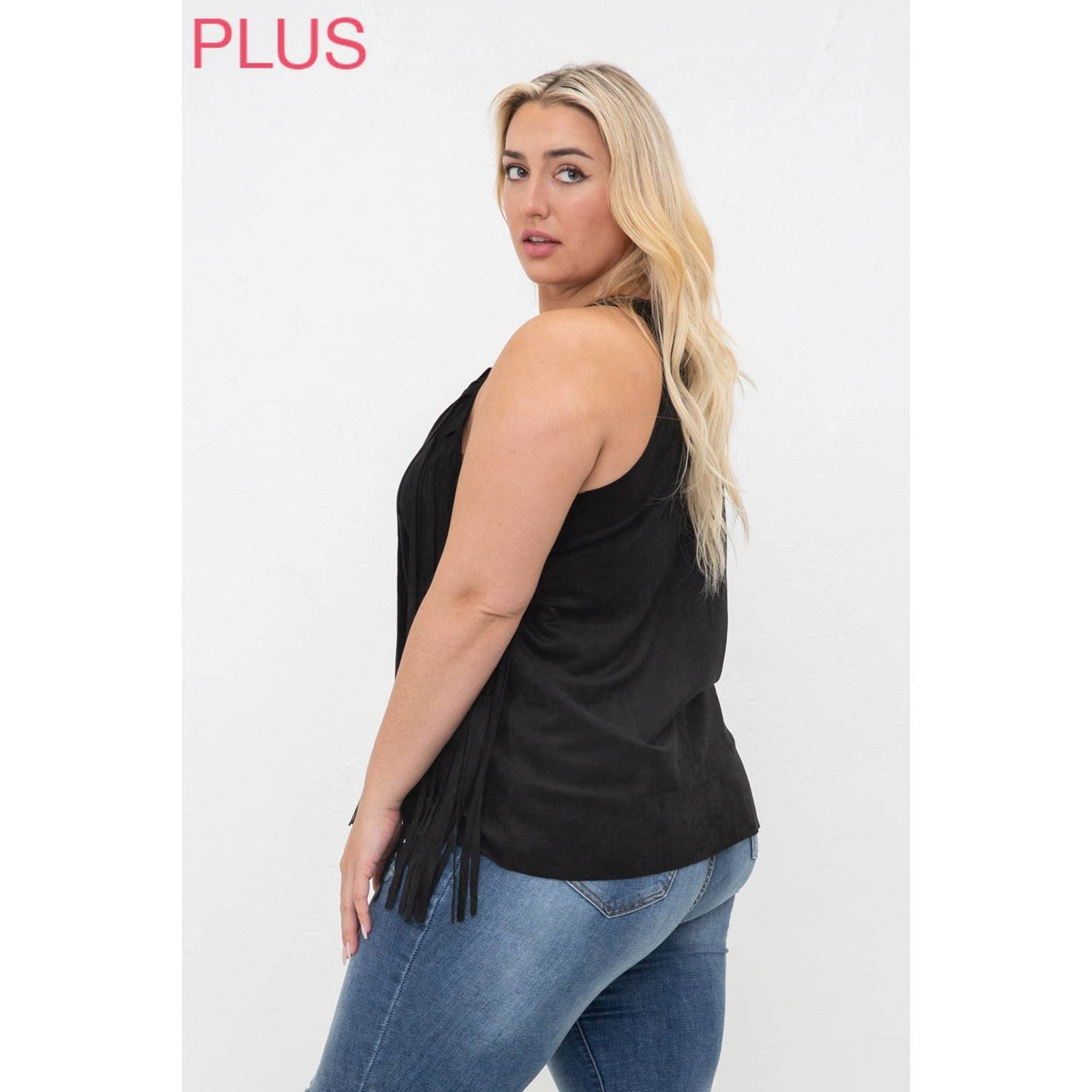 CURVY SLEEVELESS SUEDE FRINGED TOP