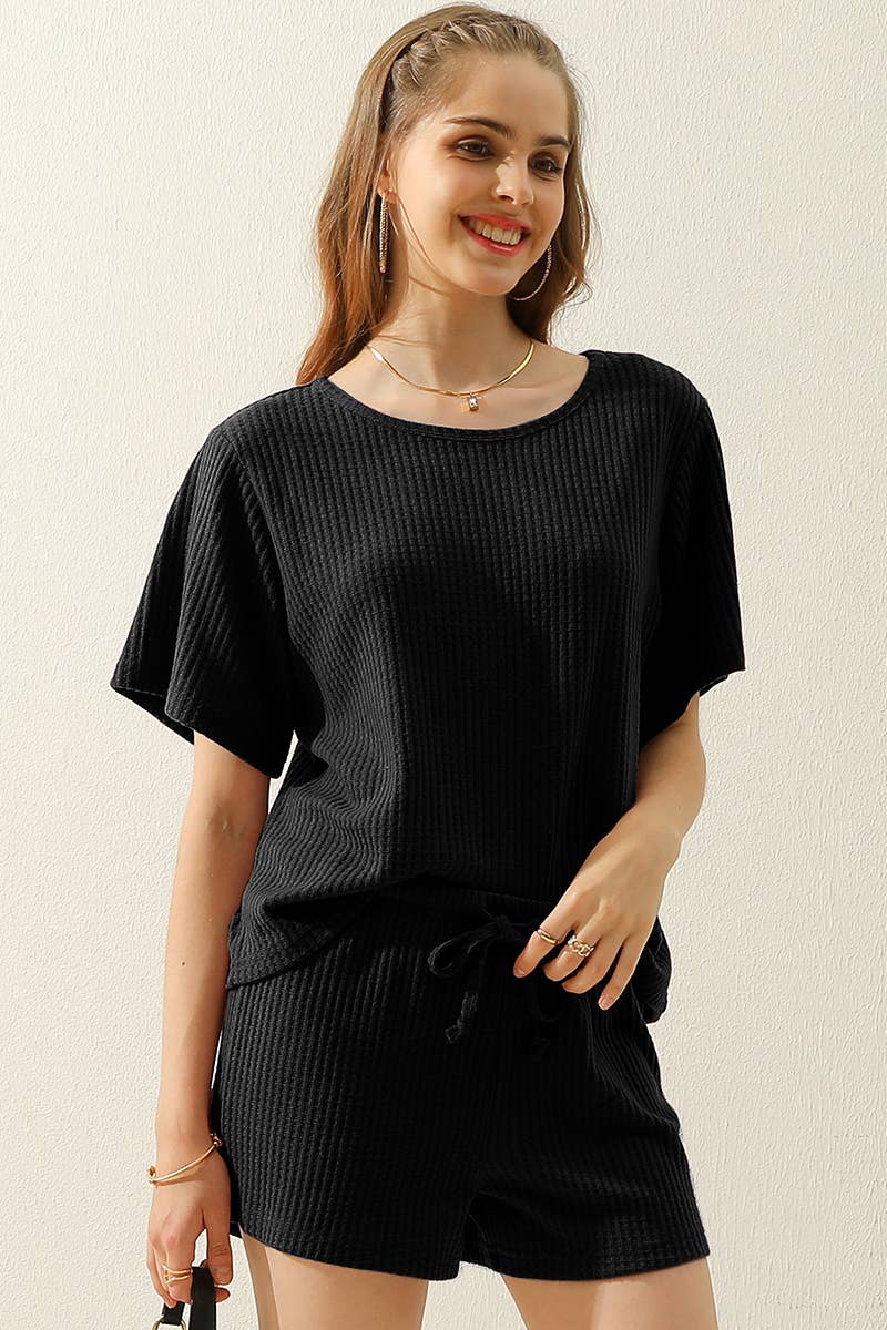 CWSTB274-P_SOLID WAFFLE KNIT TEE TOP & WAIST SHORTS SET