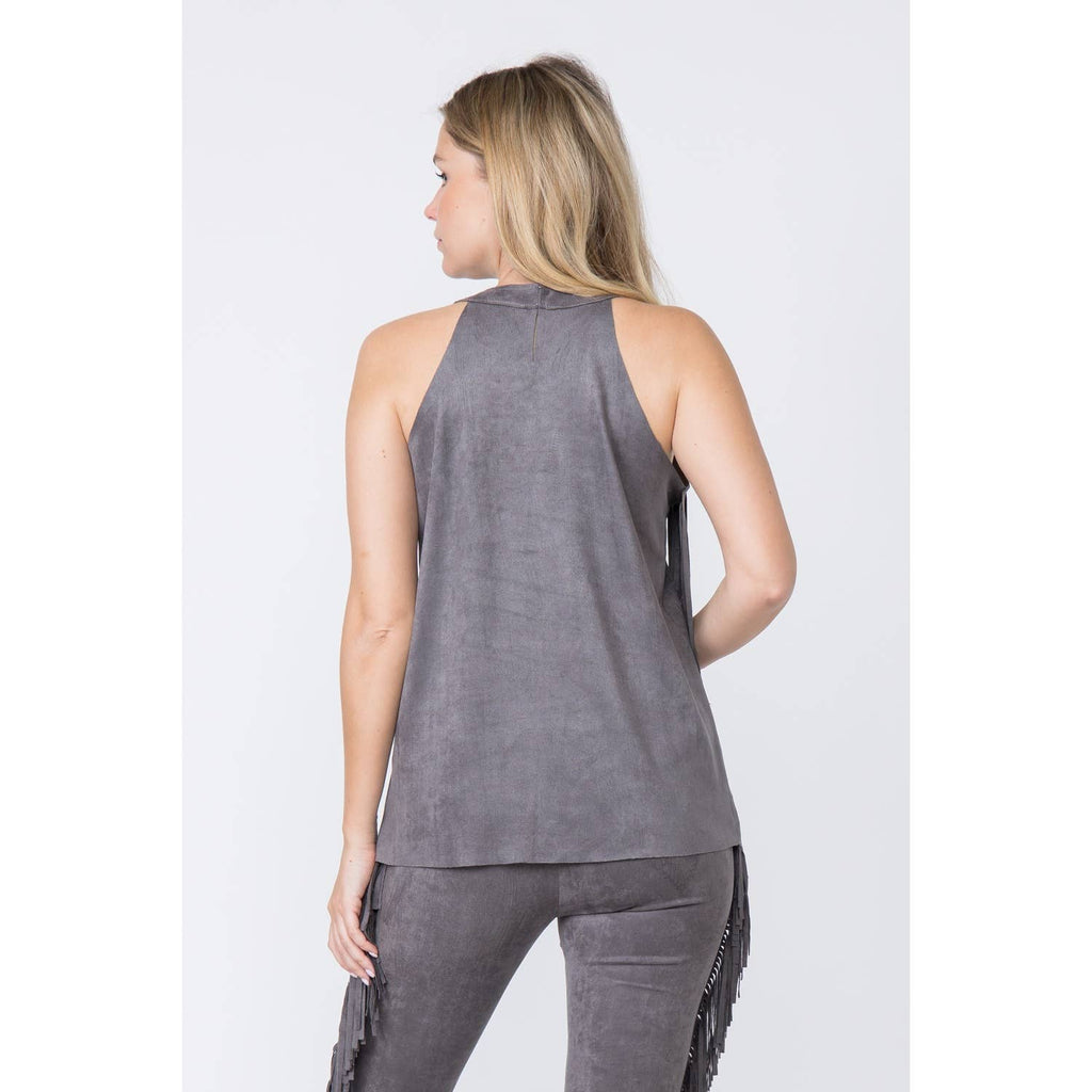SLEEVELESS SUEDE FRINGED TOP