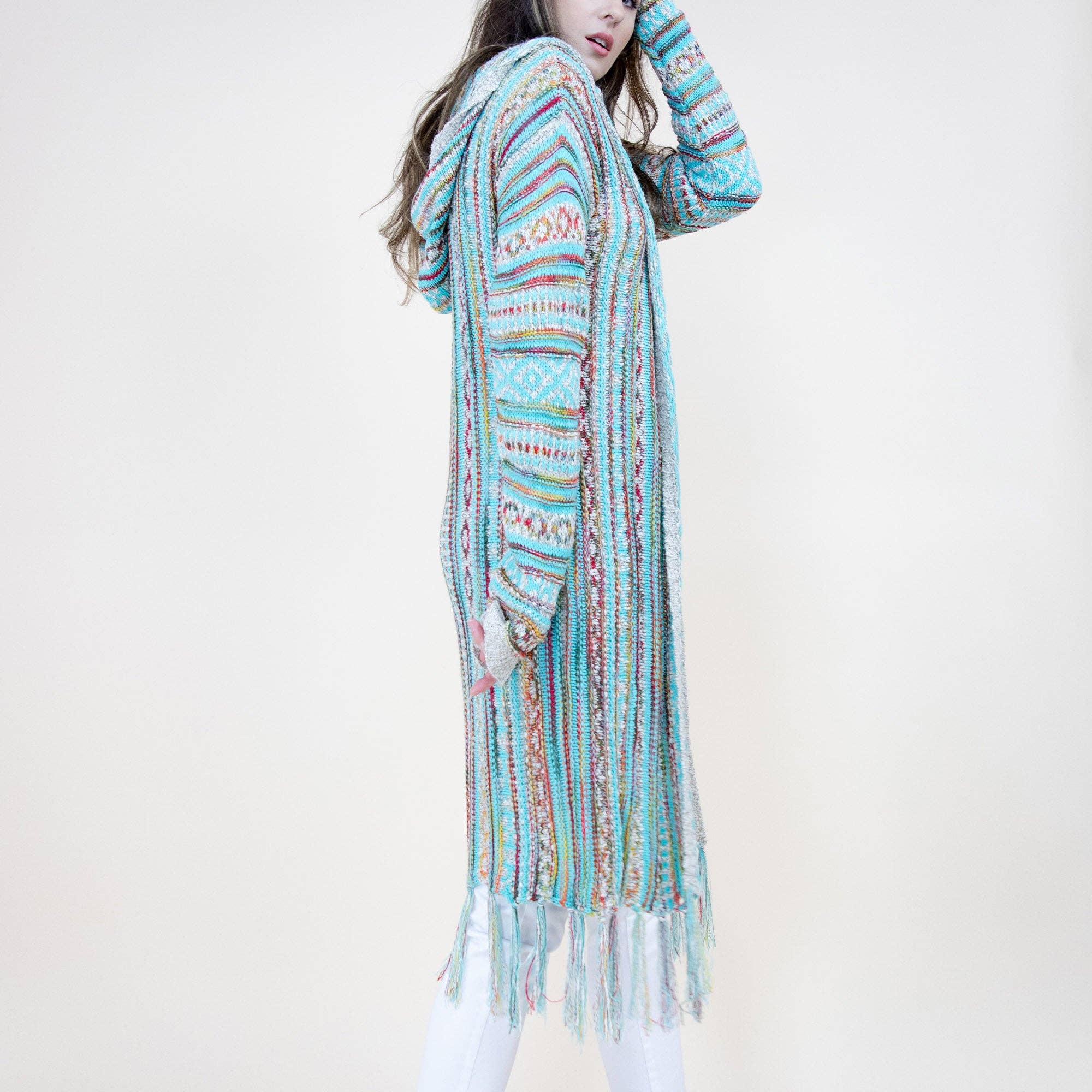 Tribal Stripe Pattern Hoodie Fringed Long Cardigan FP64088 (2PC)