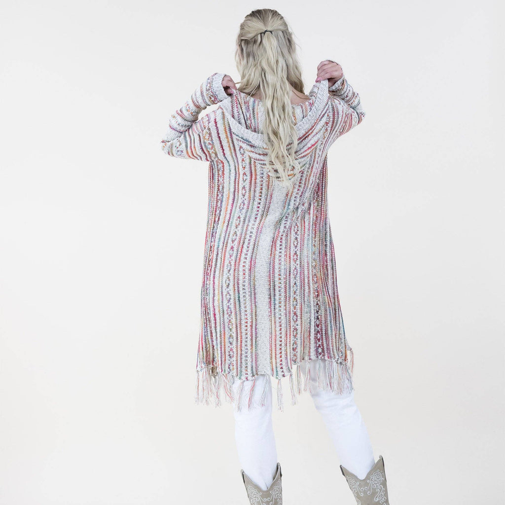 Tribal Stripe Pattern Hoodie Fringed Long Cardigan FP64088 (2PC)
