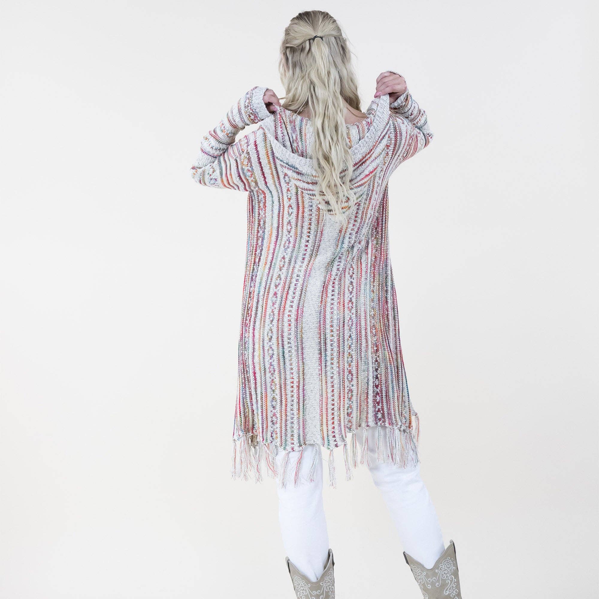 Tribal Stripe Pattern Hoodie Fringed Long Cardigan FP64088 (2PC)
