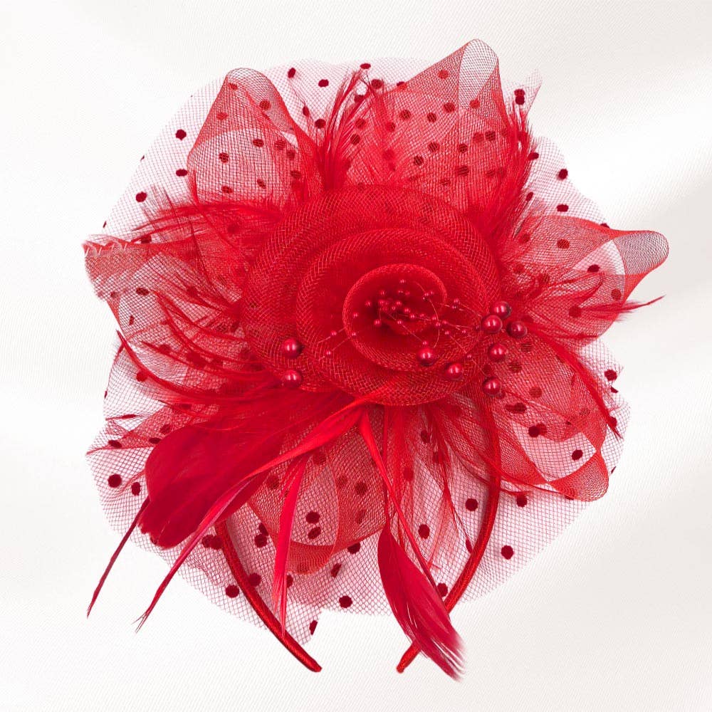 Pearl Stamen Flower Feather Veil Fascinator / Headband