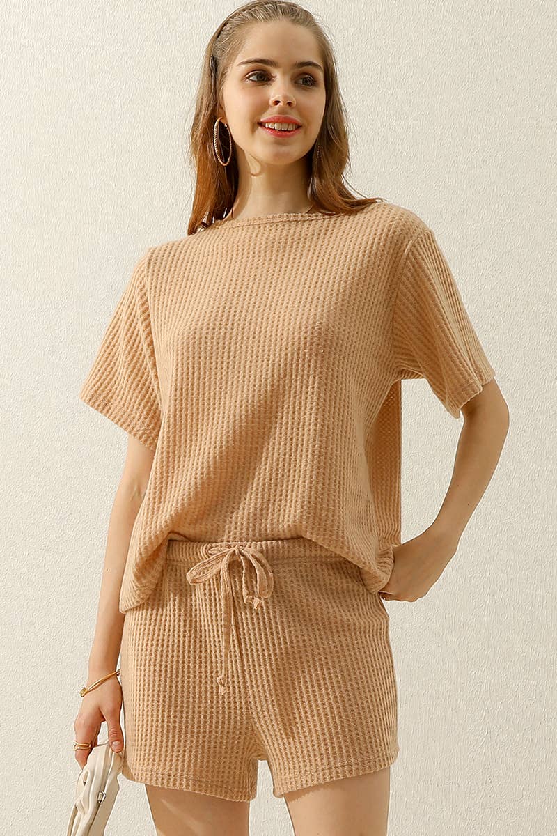 CWSTB274_SOLID WAFFLE KNIT TEE TOP & DRAWSTRING WAIST SHORTS