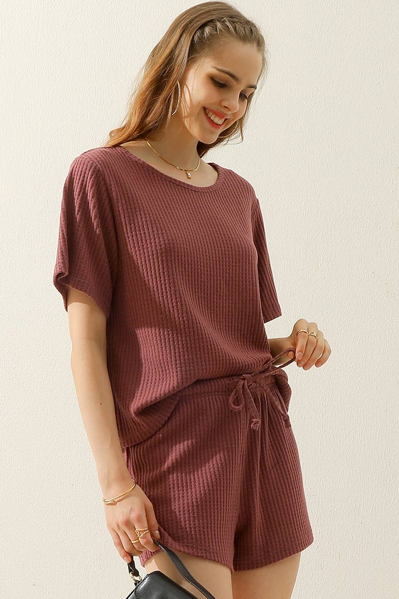 CWSTB274_SOLID WAFFLE KNIT TEE TOP & DRAWSTRING WAIST SHORTS