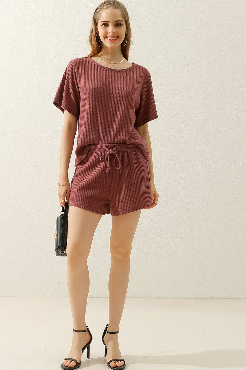 CWSTB274-P_SOLID WAFFLE KNIT TEE TOP & WAIST SHORTS SET