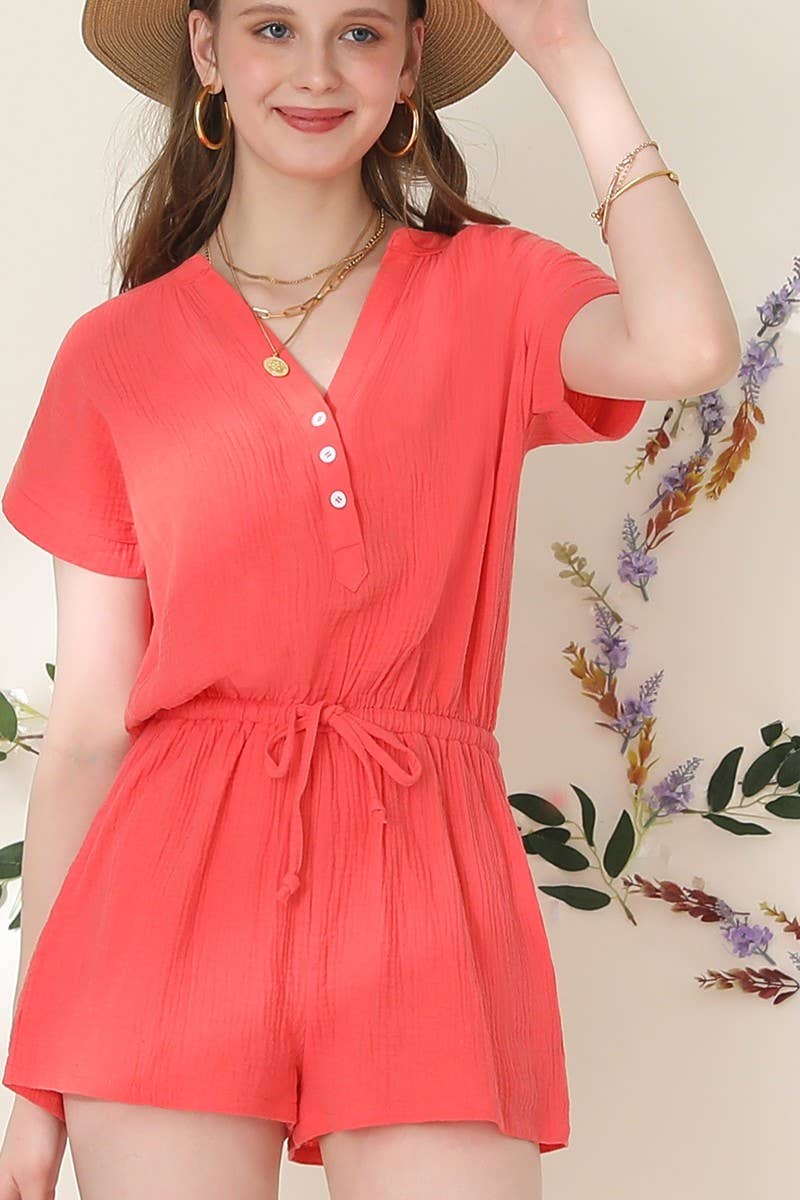 CWSJS224_HENLEY NECK SHORT SLEEVE JUMPSUIT ROMPER