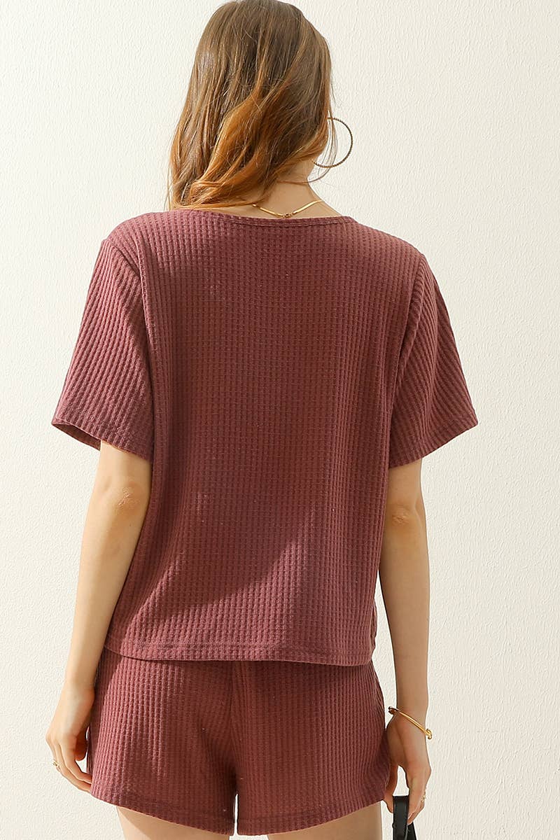 CWSTB274_SOLID WAFFLE KNIT TEE TOP & DRAWSTRING WAIST SHORTS