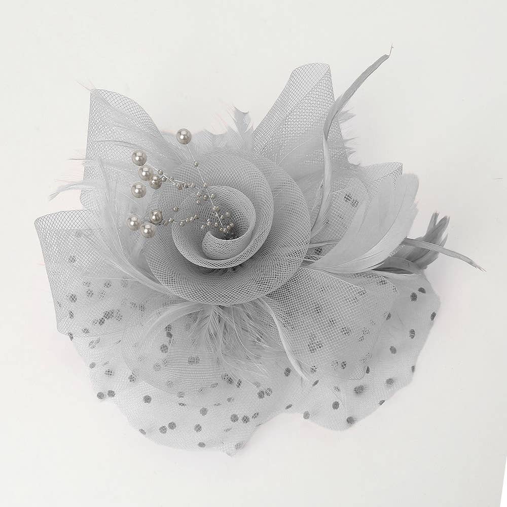 Pearl Stamen Flower Feather Veil Fascinator / Headband