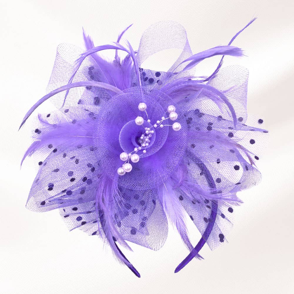 Pearl Stamen Flower Feather Veil Fascinator / Headband