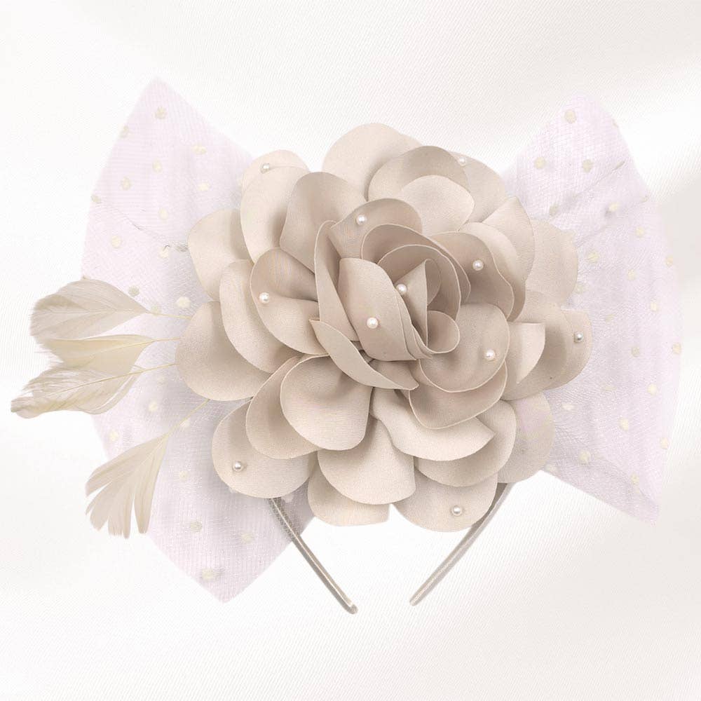Pearl Embellished Flower Feather Veil Fascinator / Headband