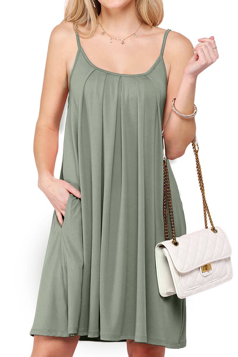CWDSD10371_PLEATS DETAILED DRESS WITH POCKET AND STRAP