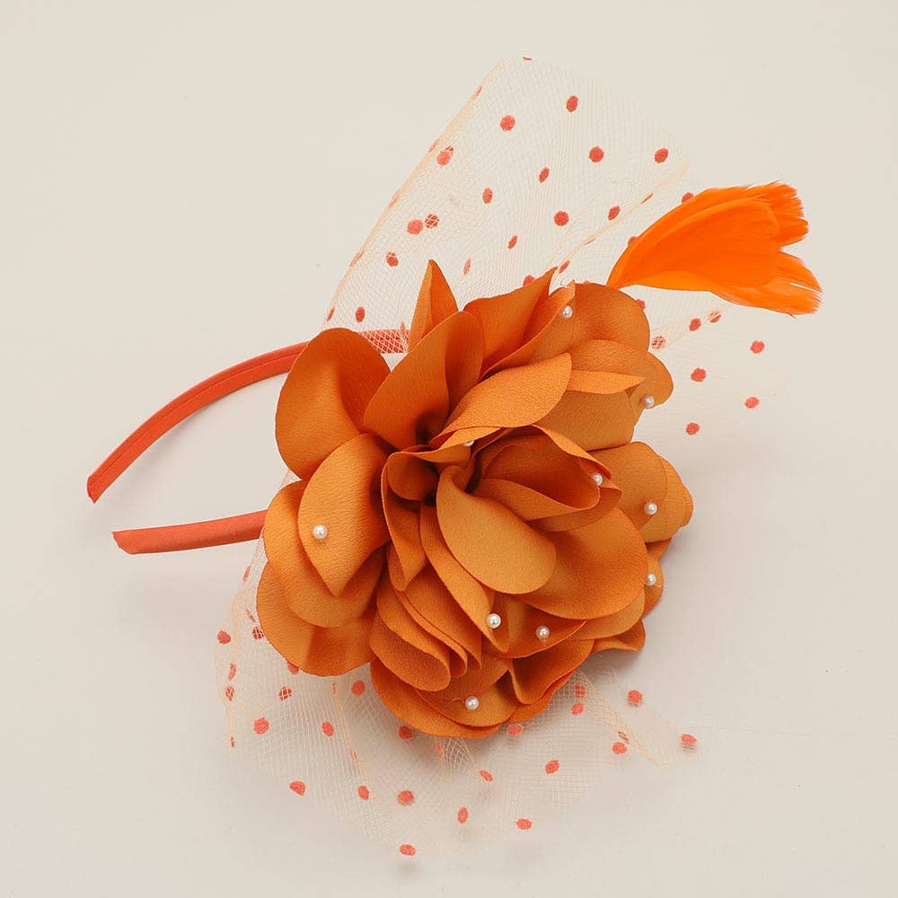 Pearl Embellished Flower Feather Veil Fascinator / Headband