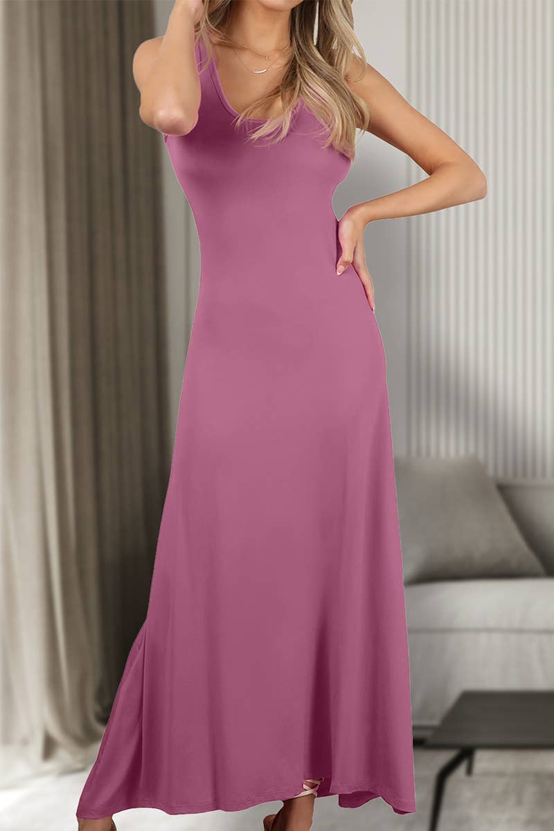AWDMD281_SLEEVELESS VEST SOLID COLOR KNITTED LONG DRESS