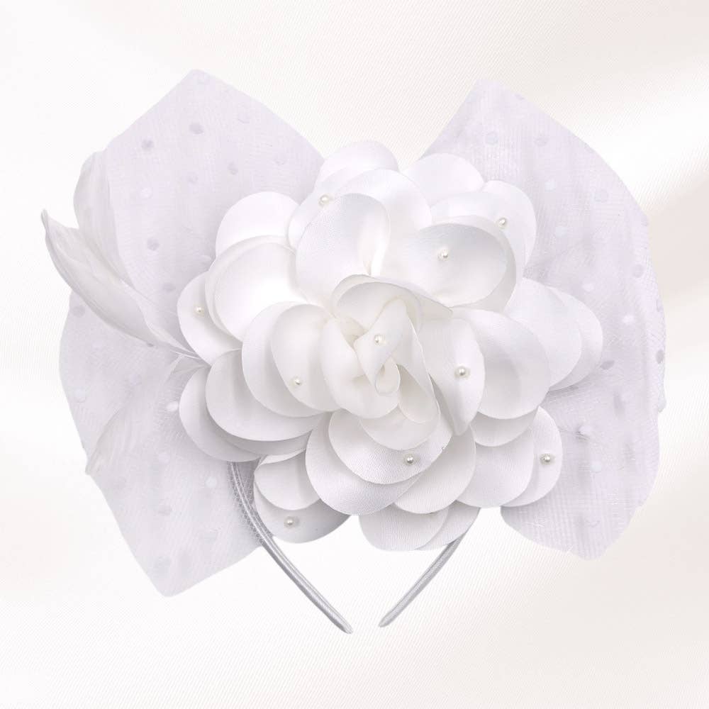 Pearl Embellished Flower Feather Veil Fascinator / Headband